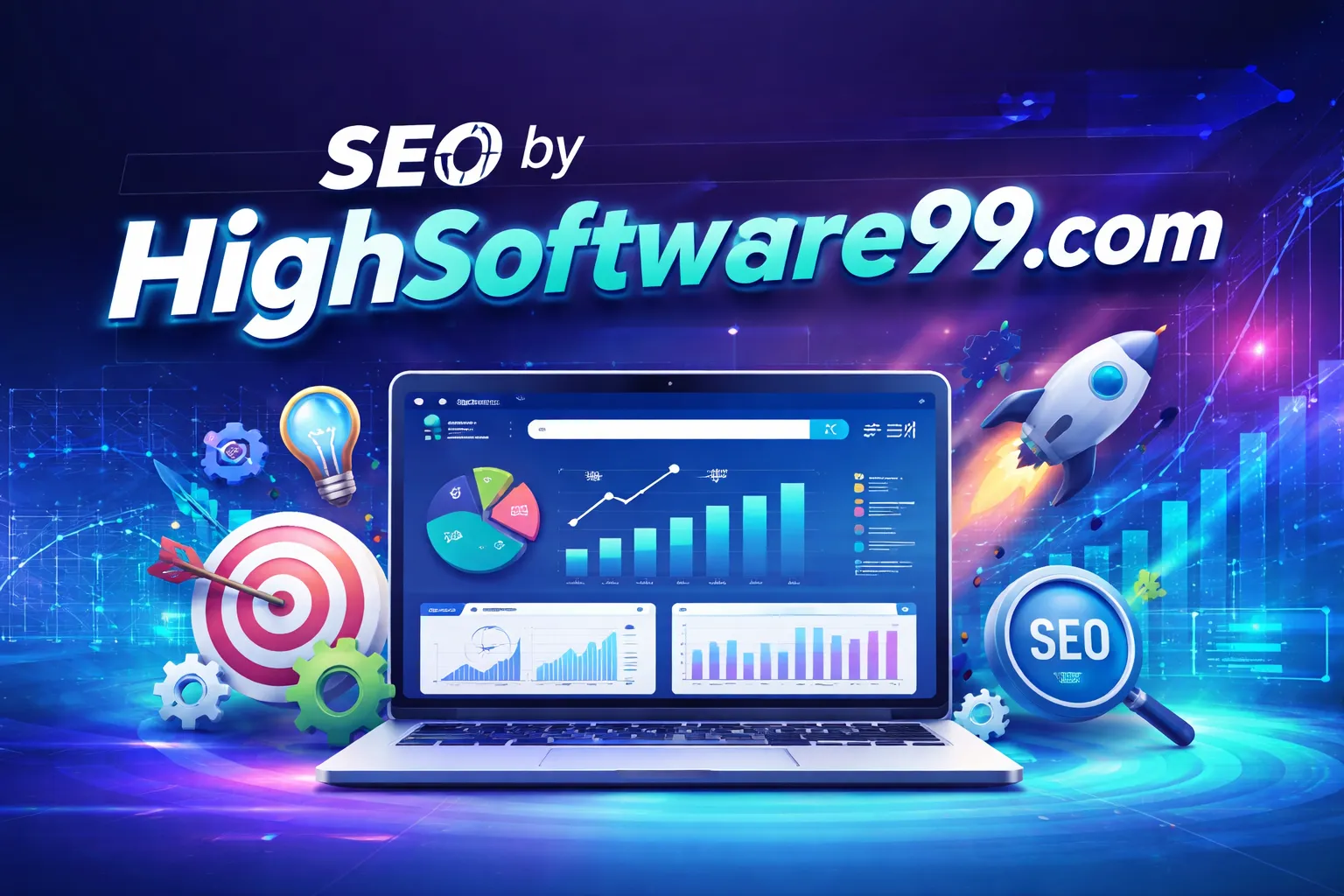 Illustration showing SEO by HighSoftware99.com strategy with laptop analytics dashboard, search optimization icons, and digital marketing growth elements.