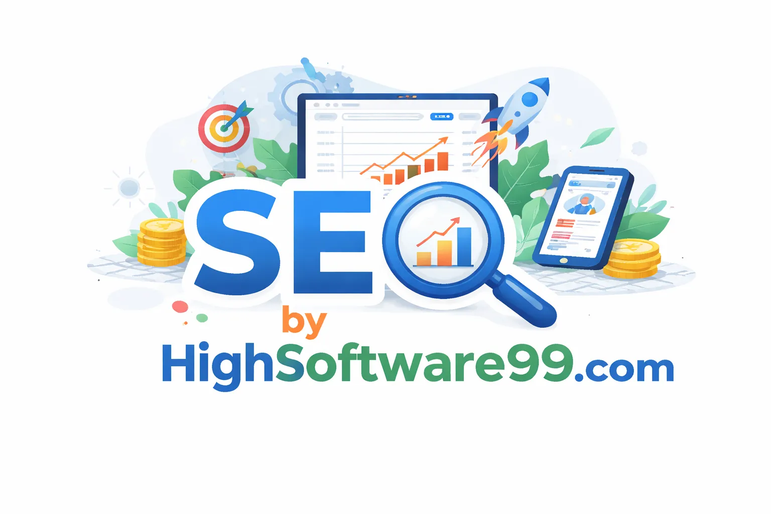 SEO by HighSoftware99.com digital marketing concept showing laptop with SEO analytics dashboard, ranking graphs, search optimization icons, and website traffic growth indicators.