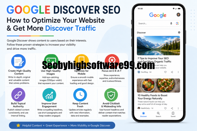 Google Discover SEO infographic showing strategies to optimize a website for Google Discover, including high-quality content, mobile optimization, E-E-A-T, user engagement, and large featured images.