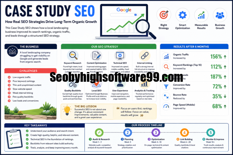 Illustration of a Case Study SEO workflow showing keyword research, technical SEO, content optimization, backlink building, analytics, and increasing organic search rankings on Google.