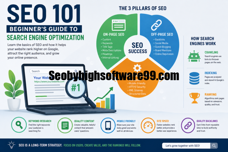 SEO 101 infographic showing the three pillars of SEO—on-page, off-page, and technical SEO—along with keyword research, search engine crawling, indexing, ranking, and essential SEO best practices.