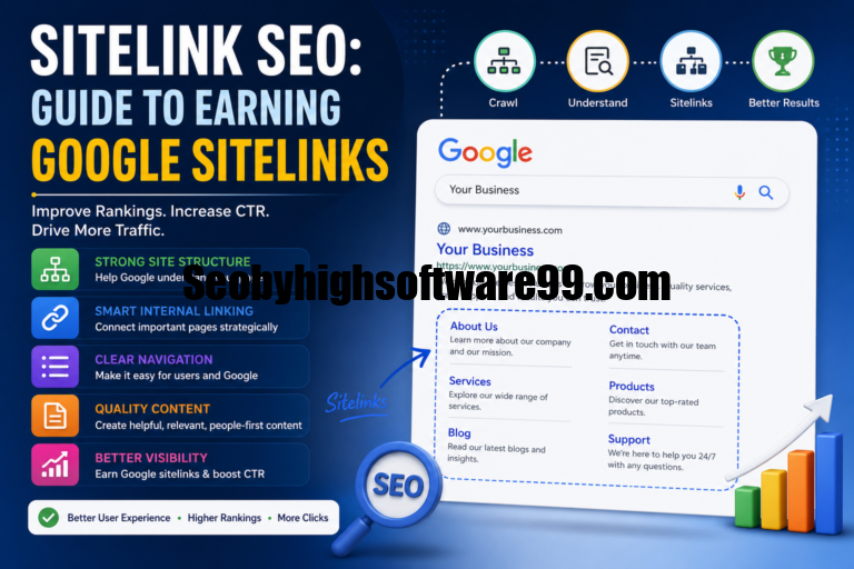 Infographic illustrating Sitelink SEO best practices, including website structure, internal linking, navigation, quality content, and a Google search result with organic sitelinks to improve search visibility.