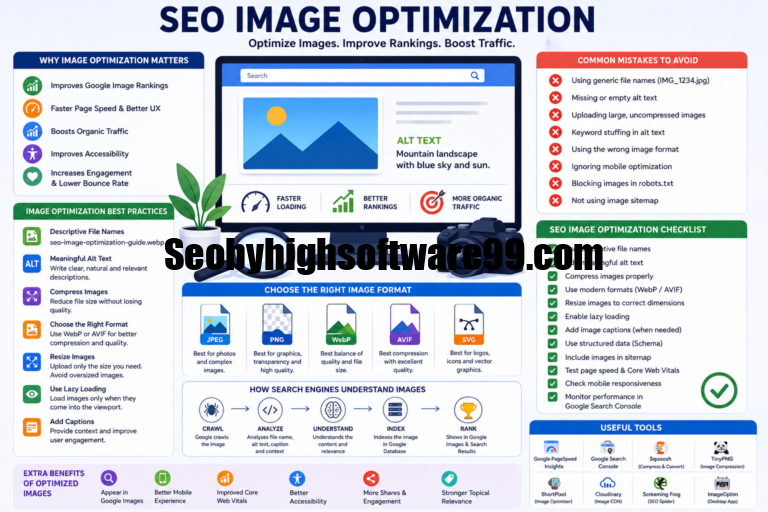 Infographic explaining SEO Image Optimization, including image compression, alt text, descriptive file names, WebP and AVIF formats, lazy loading, Core Web Vitals, and Google Image SEO best practices.