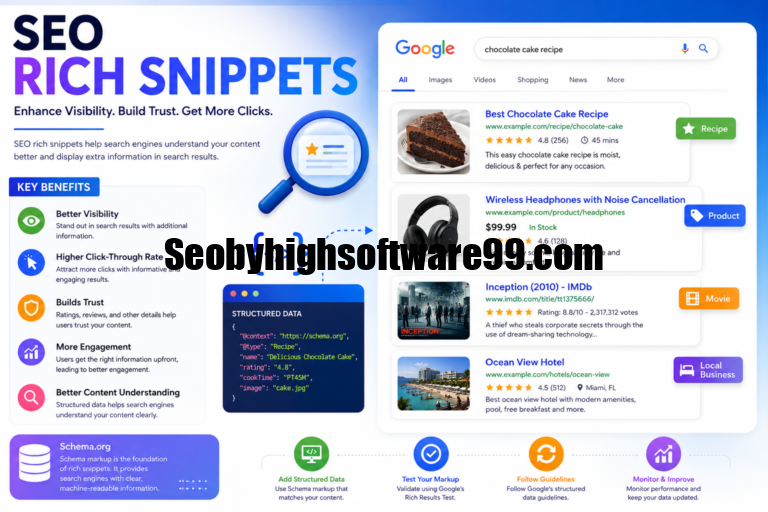 SEO rich snippets showing enhanced search results, structured data, and Schema markup.