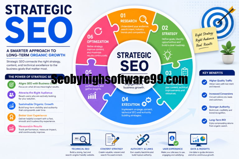 Strategic SEO infographic showing SEO strategy, research, planning, execution, measurement, and optimization