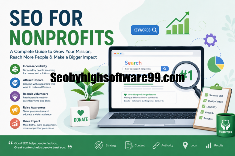 SEO for nonprofits guide showing search optimization, donors, volunteers, content, backlinks, and online visibility.