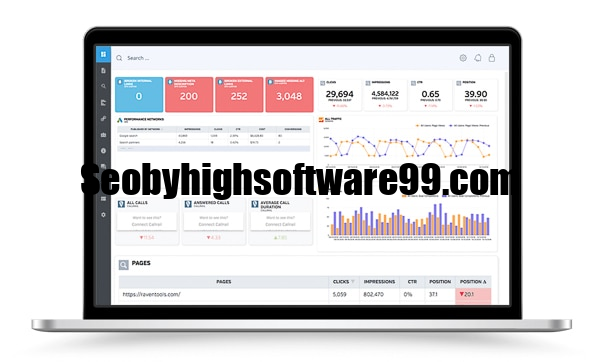 SEO Reporting Dashboard showing website traffic, keyword rankings, conversions, backlinks, and SEO performance analytics