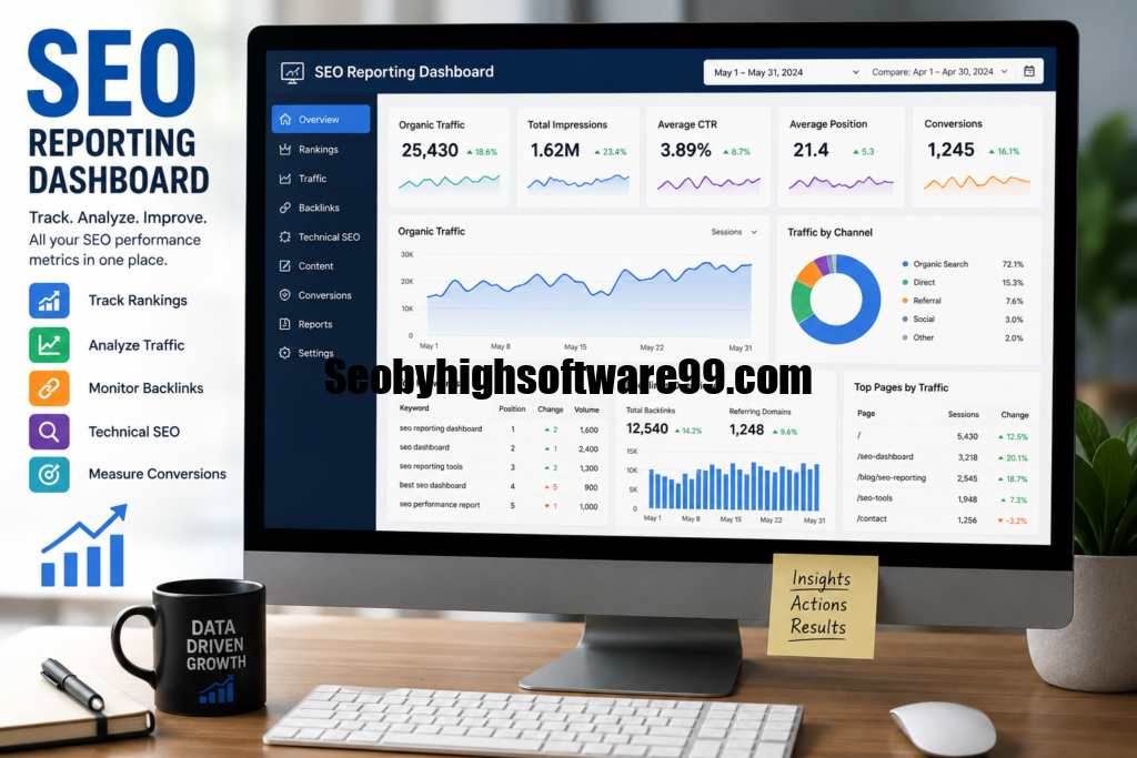 SEO reporting dashboard showing organic traffic, keyword rankings, backlinks, and performance metrics