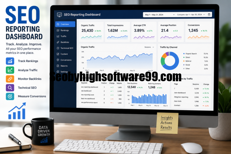 SEO reporting dashboard showing organic traffic, keyword rankings, backlinks, and performance metrics